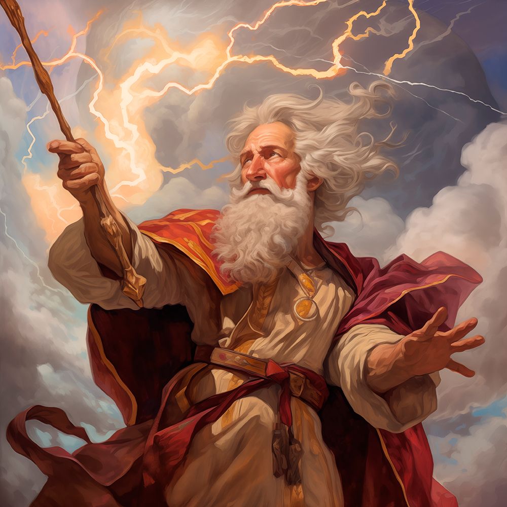 Powerful male wizard or god-like figure with wand.  (AI Generated)
